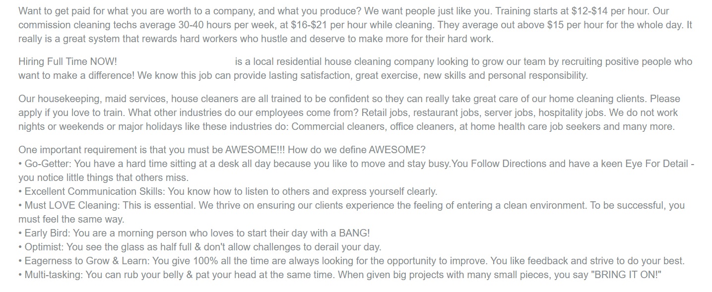Hiring cleaning employees for your cleaning business job info