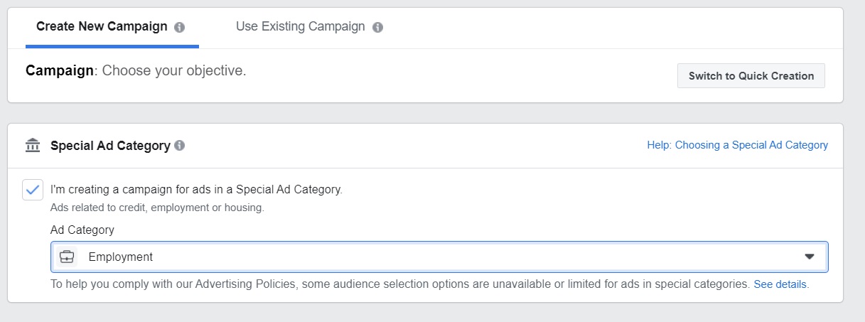 Special ad category on Facebook